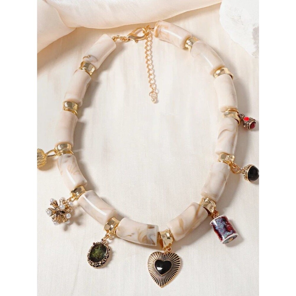 Vintage Gold Marbled Resin Charm Choker Necklace • Eclectic Heart Statement
